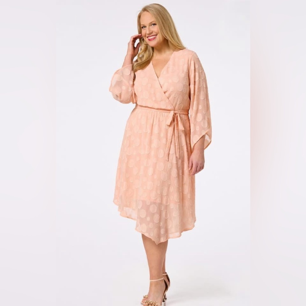Francesca's Wrap Dress Polka Dot Tie Waist Long Sleeve Peach Small